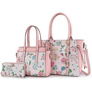 Women's Flower Pink 3PCS Purses Tote Wallet Shoulder Satchel Handbags Set